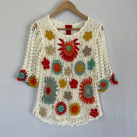 CHRISTINA V Women's Size Medium Crocheted Open Knit Sweater Lined - Picture 6 of 6